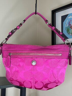 Coach Laura Pink Signature Jacquard Canvas with Leather Trim Hobo/Shoulder Bag